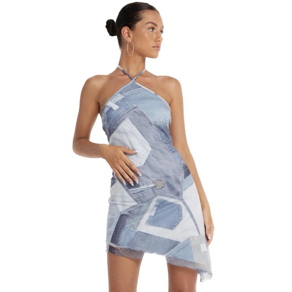 Motel Rocks Blue and White Asymmetrical Halter Mini Dress